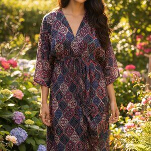 Anthropologie Jewel Toned Midi Ruched Kimono Style Women's Dress Size Sm Artsy